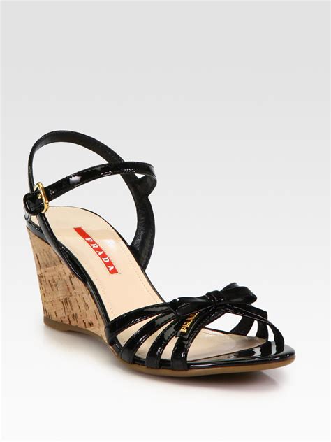 prada leather knotted peep toe espadrille slingback cork wedges|prada high heeled sandals.